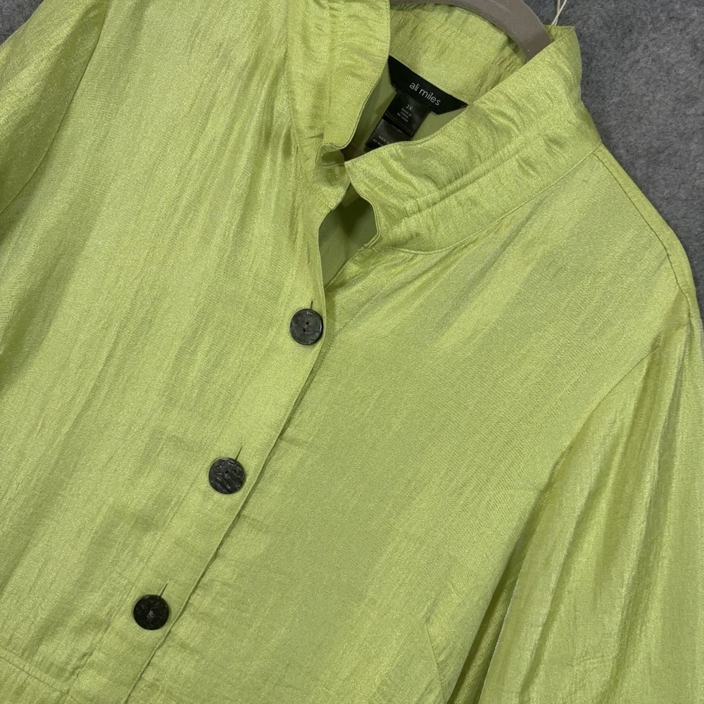 Ali‎ Miles Blouse Top Womens 2X Chartreuse Satin Button Front Pocket Classy